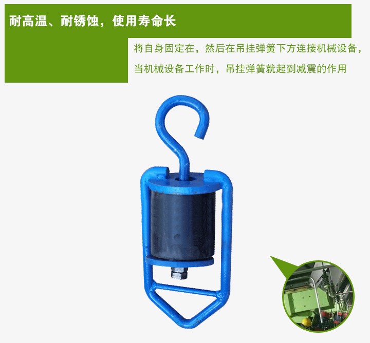 吊掛彈簧將自身固定在，然后在吊掛彈簧下方連接機械設備， 當機械設備工作時，吊掛彈簧就起到減震的作用